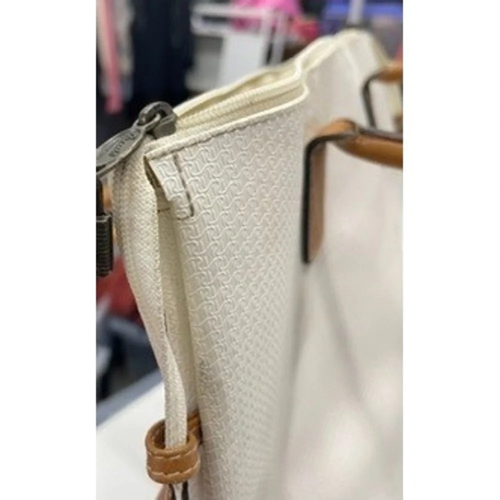 Ricardo Beverly Hills Vintage Tote Bag White Tan‎ Leather Trim Large Travel Zip